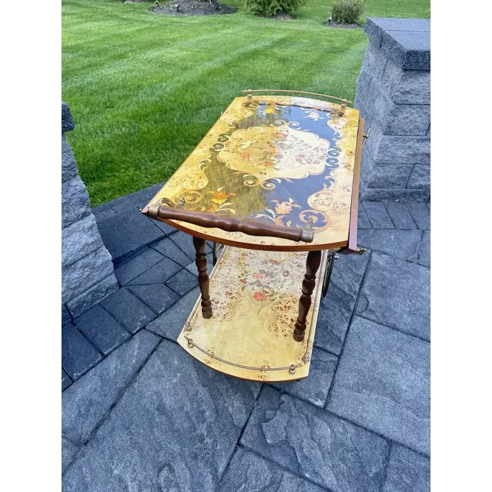 VTG Italian Marquetry Tea & Bar Cart Wood Serving Drop Leaf ~Great For Display